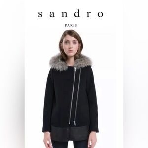SANDRO Fur-Trimmed Wool Jacket, Size: S | US4, FR36 Leather and Raccoon EUC